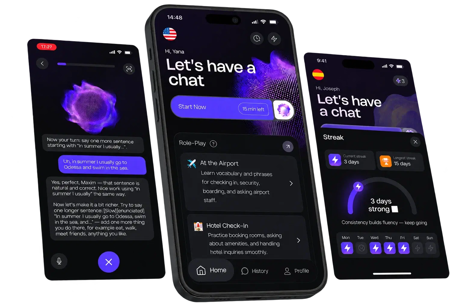 Three phones showing screens from an app we built